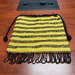 Vintage Unique Beaded Yellow & Black Drawstring Purse
